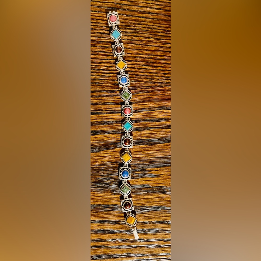 Vintage Multicolor Natural Gemstone Sterling Silver Bracelet
